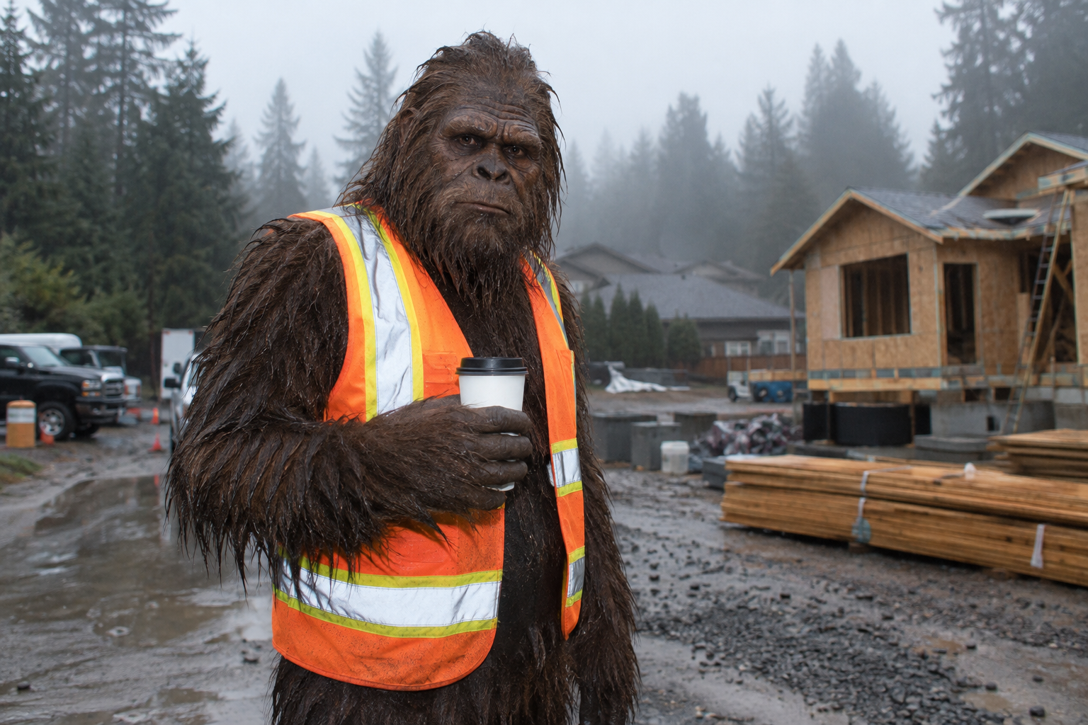 Fictional Bigfoot wearing a safety vest and holding coffee at a misty construction site